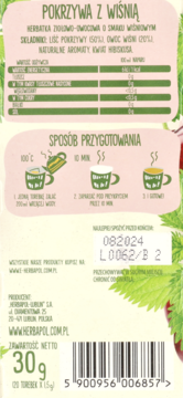 Tył opakowania herbaty Herbapol Pokrzywa z Wiśnią. Widać instrukcje parzenia, składniki, datę i barcode.