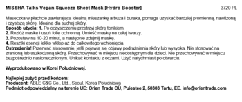 Etykieta Missha Vegan Squeeze Sheet Mask Hydro Booster: instrukcje użycia i opis wegańskiej maseczki nawadniającej.