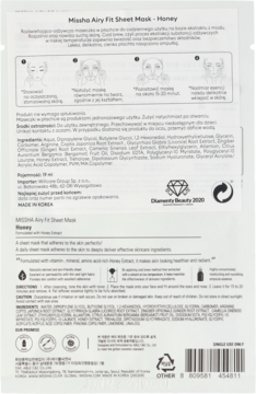 Missha Airy Fit Sheet Mask Honey, tył białej saszetki z opisem produktu i listą składników po polsku.