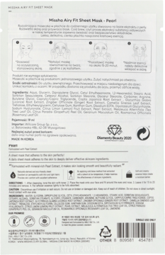 Tył białego opakowania Missha Airy Fit Sheet Mask Pearl z polskim opisem i listą składników.