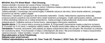 WISSA Airy Fit Sheet Mask Red Ginseng. Fragment polskiej etykiety z opisem, instrukcją i technologią Cold Brew.