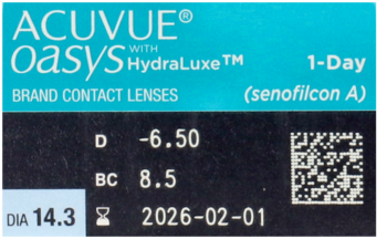 Niebieskie opakowanie soczewek ACUVUE Oasys 1-Day HydraLuxe, widok z przodu. Widoczne parametry: D -6.50, DIA 14.3.