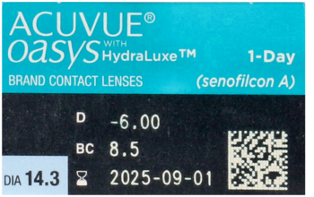 Frontalny widok tealowo-czarnego pudełka jednodniowych soczewek ACUVUE Oasys HydraLuxe, moc -6.00, BC 8.5.