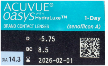 ACUVUE Oasys 1-Day soczewki kontaktowe HydraLuxe, tealowe pudełko z danymi: D -5.75. Bliskie ujęcie.