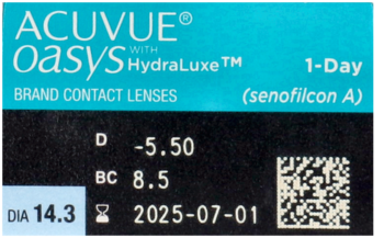 Front view of Acuvue Oasys 1-Day HydraLuxe contact lens box. Blue-green top, black bottom with -5.50 power.