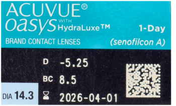Pudełko soczewek ACUVUE Oasys 1-Day HydraLuxe, niebiesko-czarne, z widoczną mocą -5.25 i krzywizną 8.5.