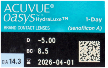 Fragment opakowania ACUVUE Oasys 1-Day HydraLuxe soczewek: -5.00, BC 8.5, DIA 14.3, 2026-04-01.