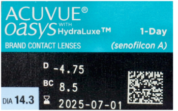 ACUVUE Oasys 1-Day contact lenses box, blue and black, showing -4.75 power and BC 8.5.