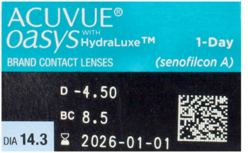Zbliżenie na pudełko soczewek ACUVUE Oasys 1-Day, widoczne parametry D -4.50, BC 8.5, DIA 14.3.