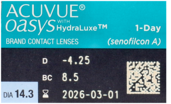 Zbliżenie na niebiesko-czarne opakowanie soczewek ACUVUE Oasys 1-Day z HydraLuxe, moc -4.25, BC 8.5.