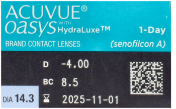 Zbliżenie na opakowanie soczewek ACUVUE Oasys 1-Day HydraLuxe, niebiesko-czarne, z mocą D -4.00.