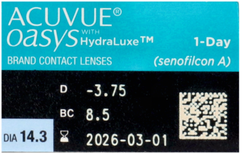 Zbliżenie opakowania ACUVUE Oasys 1-Day HydraLuxe z mocą D -3.75, niebiesko-czarne pudełko.
