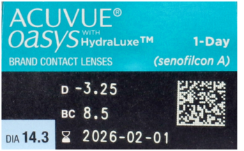 Niebieskie pudełko soczewek ACUVUE Oasys 1-Day HydraLuxe, z parametrami D -3.25, BC 8.5, DIA 14.3.