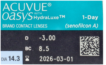 ACUVUE Oasys 1-Day HydraLuxe: fragment ciemnoniebieskiego opakowania soczewek z parametrami -3.00 D, BC 8.5.