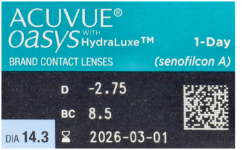 Zbliżenie na czarną część pudełka ACUVUE Oasys 1-Day, z danymi soczewki: moc -2.75, BC 8.5, DIA 14.3.