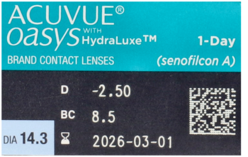 Opakowanie soczewek ACUVUE Oasys 1-Day HydraLuxe, niebiesko-czarne, z parametrami -2.50, BC 8.5, DIA 14.3.