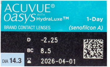 ACUVUE Oasys 1-Day HydraLuxe, jednodniowe sferyczne soczewki, niebiesko-czarne pudełko z przodu, z danymi.