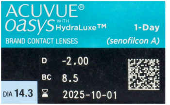 Zbliżenie na etykietę soczewek ACUVUE Oasys 1-Day HydraLuxe, widoczne parametry -2.00 i data ważności.