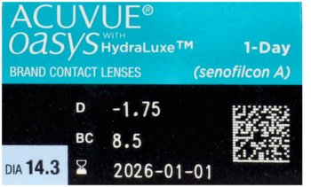 ACUVUE Oasys 1-Day soczewki, opakowanie z detalami: moc -1.75, BC 8.5, DIA 14.3, data ważności.