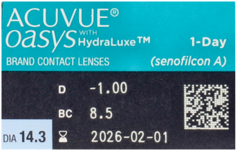 Niebiesko-czarne opakowanie soczewek Acuvue Oasys 1-Day HydraLuxe, z bliska widać parametry i datę ważności.