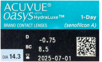 Opakowanie soczewek Acuvue Oasys 1-Day HydraLuxe, niebiesko-czarne, widoczne dane recepty -0.75 i data ważności.