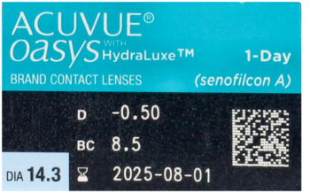 Opakowanie ACUVUE Oasys 1-Day z HydraLuxe, soczewki sferyczne -0.50D. Granatowe pudełko z białym napisem.