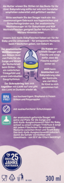 Tył fioletowego opakowania butelki Babydream 300ml, z opisami cech, ikonami i logo „25 lat zaufania”.