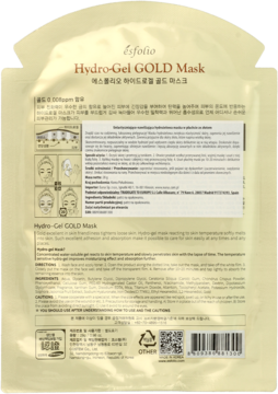 Tył złotego opakowania maski hydrożelowej Esfolio Hydro-Gel GOLD z instrukcją aplikacji na twarz.