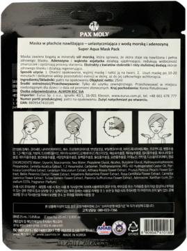Czarny tył opakowania maski do twarzy PAX MOLY Super Aqua Mink Pack, z polskim opisem i instrukcją użycia.