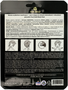 Tył czarnej maski Pax Moly Pure Real Gold Mask Pack, z polskimi napisami, składem i ilustracjami użycia.