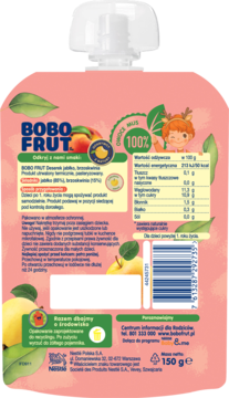 Tył różowej saszetki Bobo Frut, mus owocowy 100%, z tabelą odżywczą, owocami i rysunkiem jelenia.