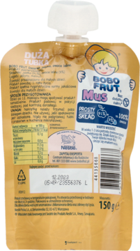 Bobo Frut Mus jabłko-owoce leśne, tył złotej tubki deseru owocowego z etykietą i datą ważności.