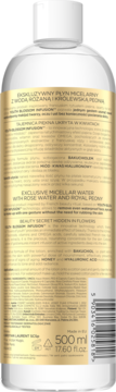 Tył butelki płynu micelarnego 500ml z wodą różaną i piwonią królewską, złota etykieta z tekstem.