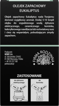 Tył czarnego opakowania olejku zapachowego Eukaliptus, instrukcje użycia z ilustracjami do dyfuzora i kominka.