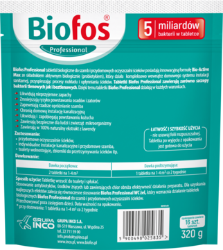 Biofos Professional 320g, tył opakowania tabletek biologicznych do szamb, zielono-białe z tekstami.