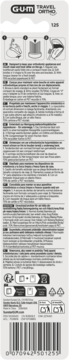 Tył opakowania składanej szczoteczki GUM TRAVEL ORTHO dla aparatów, z instrukcjami w wielu językach i kodem.