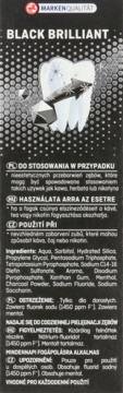 Tył opakowania pasty BLACK BRILLIANT z węglem aktywnym, widok z tyłu z listą składników i grafiką zęba.