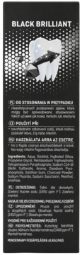 Tył czarnego opakowania pasty Black Brilliant z aktywnym węglem, grafika zęba, skład i instrukcja użycia.
