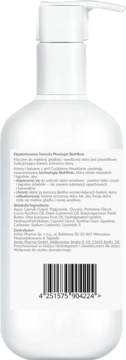 Tył białej butelki balsamu Physiogel BioMimic Daily Hydration z pompką, widoczna etykieta ze składem i kodem.