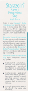 Etykieta kropli Starazolin Suche i Podrażnione Oczy, z niebieskim napisem i logo na białym opakowaniu, widok z przodu.