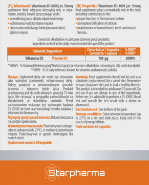 STARPHARMA VITAMINUM ,kapsułki, Witamina D3 4000 j.m. Strong, suplement diety,tył