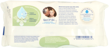 WaterWipes, tył opakowania: chusteczki nawilżane 99,9% wody, biodegradowalne, 100% roślinnych włókien.