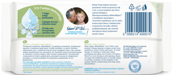 Tył opakowania WaterWipes 99.9% wody i kropla ekstraktu, biało-zielony, z tekstem o składzie i kodem kreskowym.