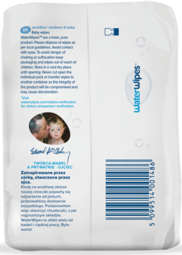 Tył białych chusteczek WaterWipes, 99,9% wody, biodegradowalne, ze zdjęciem ojca i kodem kreskowym.
