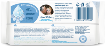 Tył opakowania WaterWipes, chusteczek 99.9% wody, z kodem kreskowym i info o biodegradowalności.