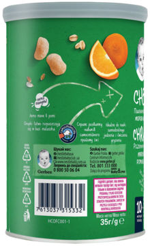 Tył opakowania chrupek pszenno-owsianych Gerber, smak marchewkowo-pomarańczowy, zielone tło, barcode.