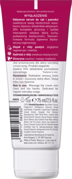 Tył różowo-białej tubki odżywczego serum do rąk i paznokci, z tekstem o wygładzeniu i składnikach.