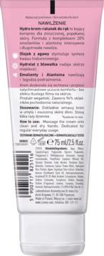 Różowy krem do rąk Hydro krem-ratunek, tył opakowania 75 ml z opisem, składem i instrukcją użycia.