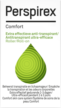 Perspirex Comfort roll-on antyperspirant, etykieta z zieloną kroplą, napisami i informacją o ochronie 2-3 dni.