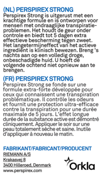 Etykieta Perspirex Strong antyperspirantu, szczegółowy opis produktu po niderlandzku i francusku, logo Orkla.